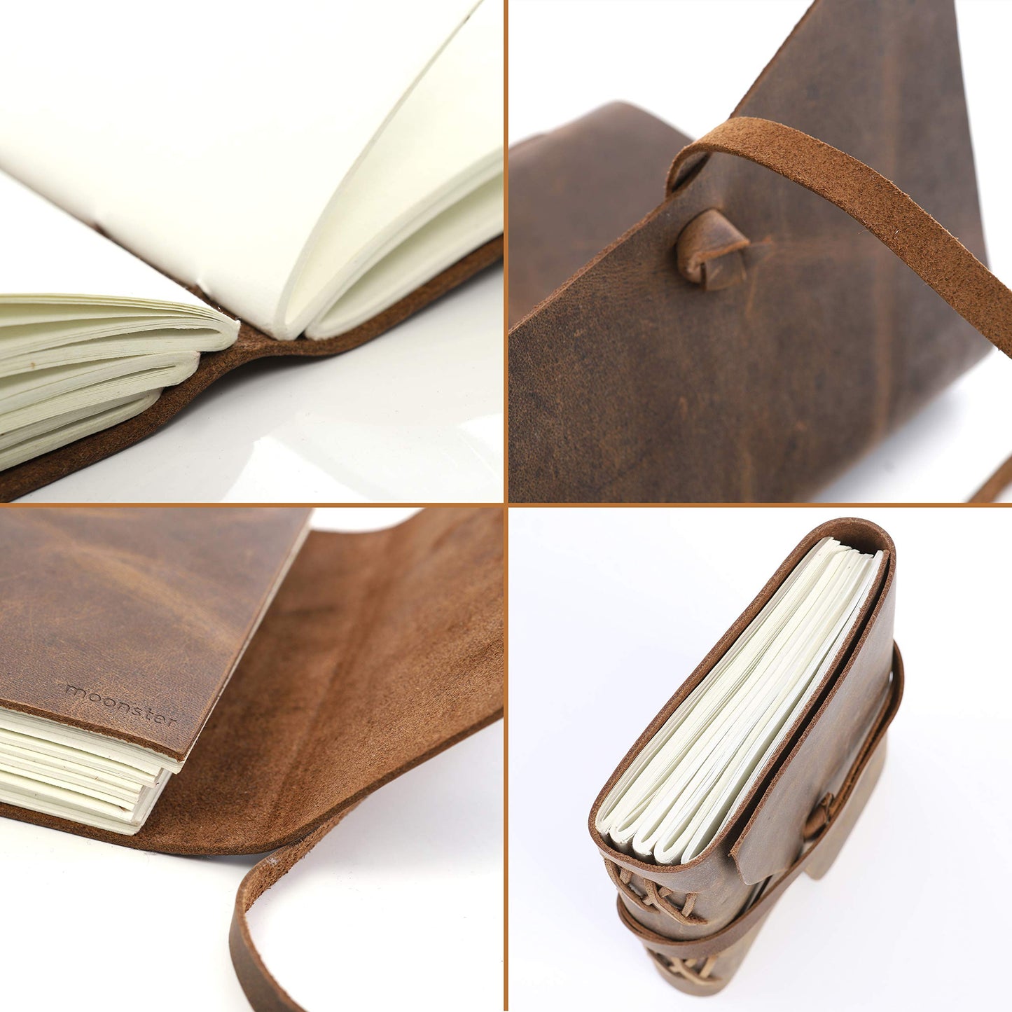 Moonster Leather Notebook Journal - Antique leather bound notebook for writing - Blank Paper 20x15cm - great for art, as a sketchbook, or travel journal