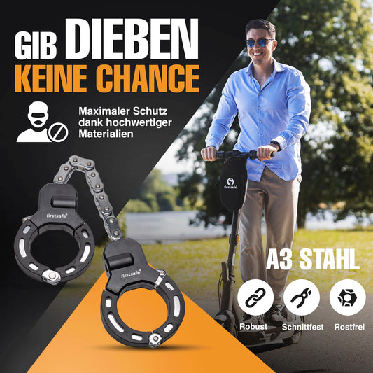 firstsafe® E scooter lock | handcuff lock for the E scooter | cut-resistant & with silicone | ideal scooter lock (56 cm with bag)