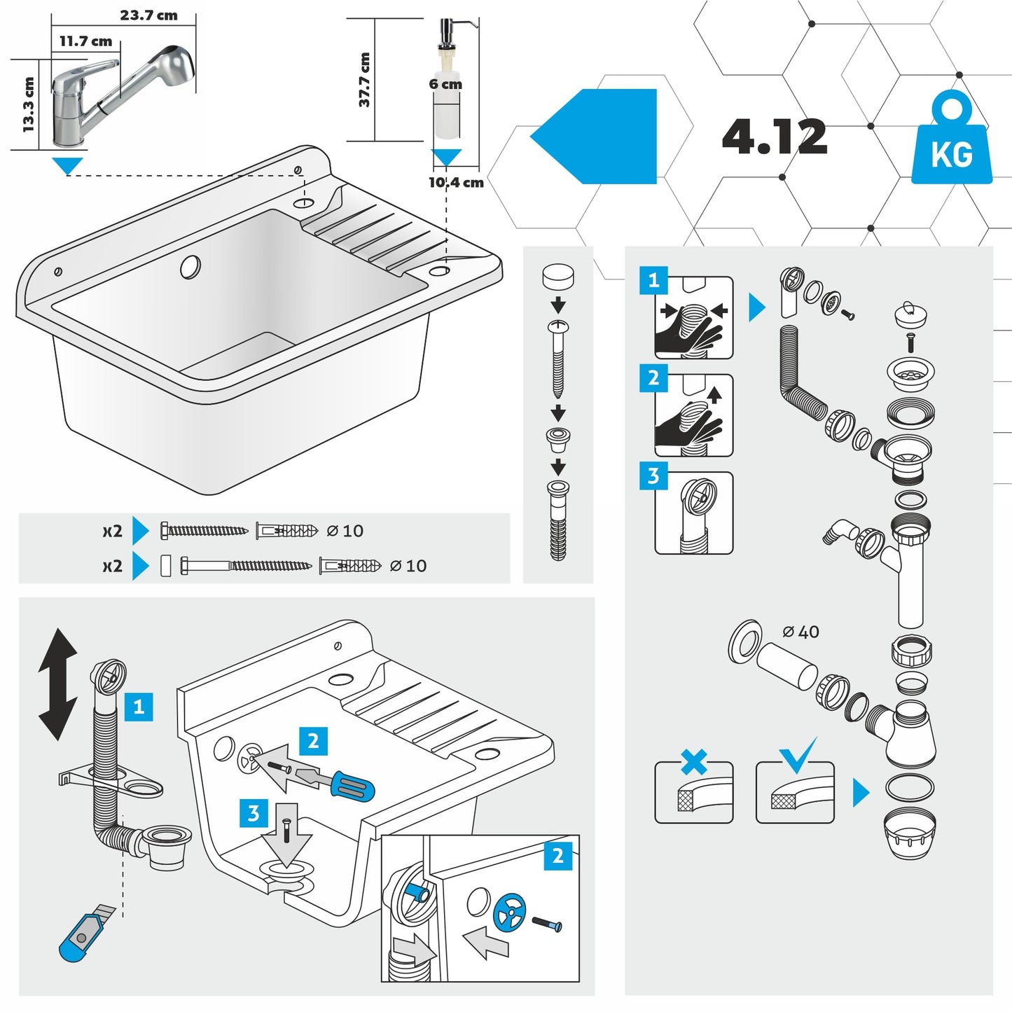 GOSPO Polypropylene sink, 50.5 x 34 x 26.5 cm, with faucet, siphon, soap dispenser, household utility sink (Grey)