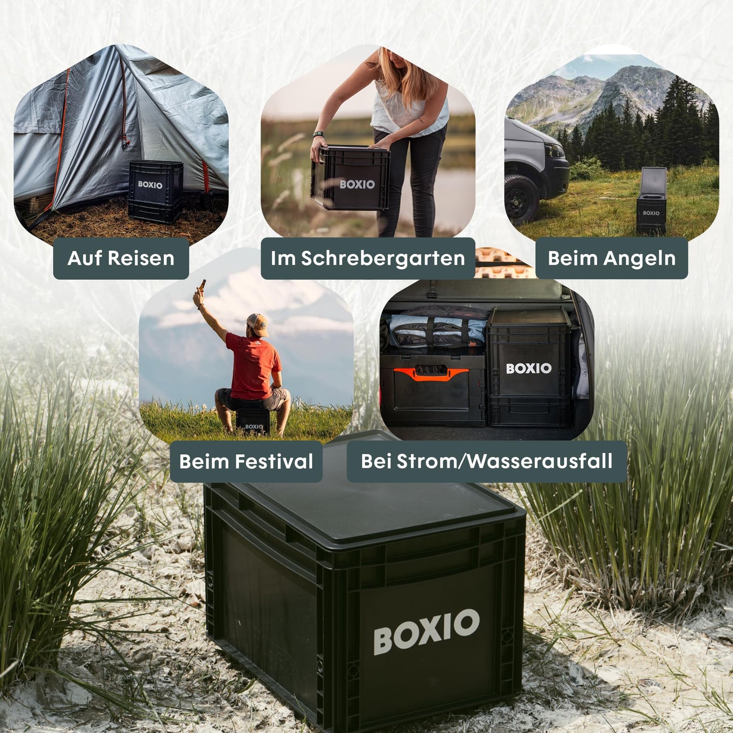 BOXIO - Toilet Plus: Camping toilet starter kit with hemp, plug & bags, mobile composting toilet without chemicals for camping, van, outdoor, roof tent: Toilet on Eurobox basis without power for on the go.