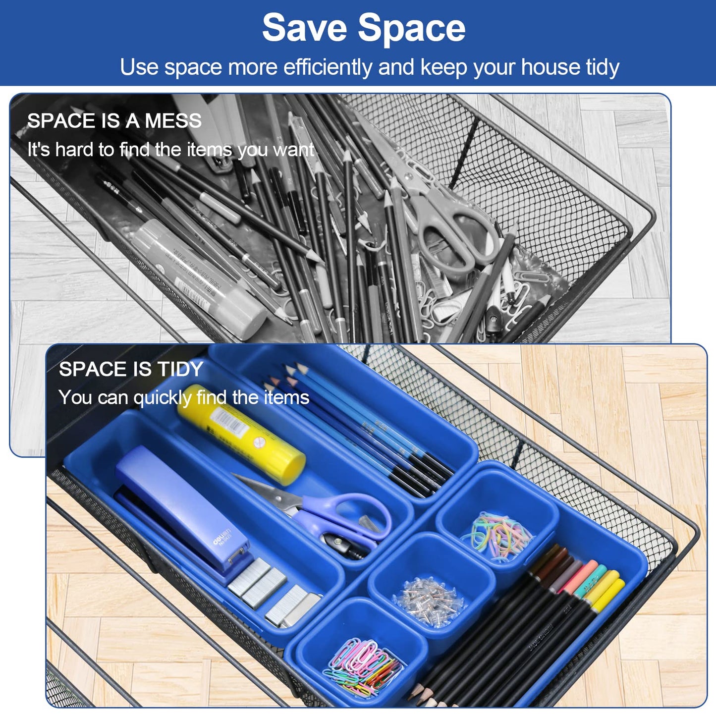 Haobin desk drawer organizer, interlocking, blue