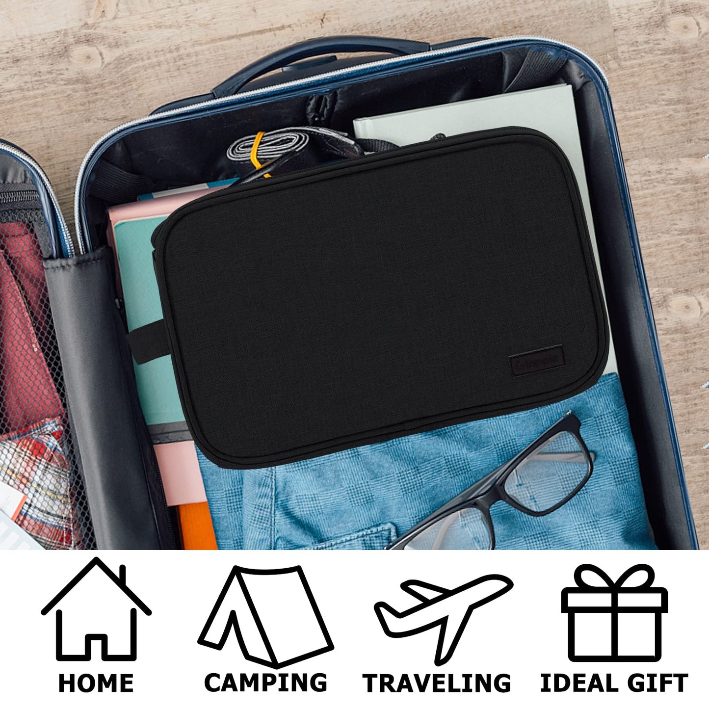 Gloppie toiletry bag for men and women. Large 10L waterproof travel wash bag with wet/dry pouch. Ideal for kids, adults, in black.