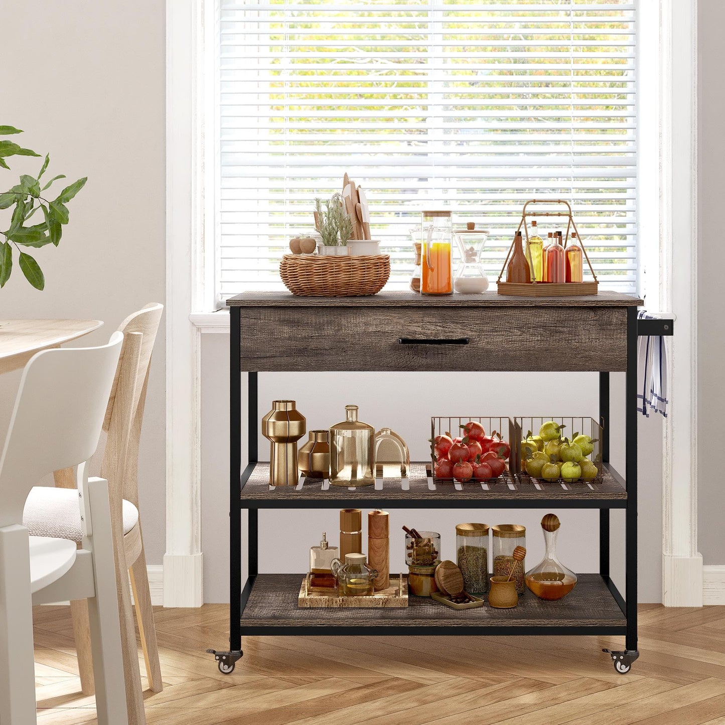 Yaheetech Serving Cart with Drawer Kitchen Trolley with 2 Shelves Rolling Cart Kitchen Trolley with 4 Wheels Kitchen Shelf Movable Kitchen Islands Side Table 109.5 x 51 x 92 cm, Taupe.