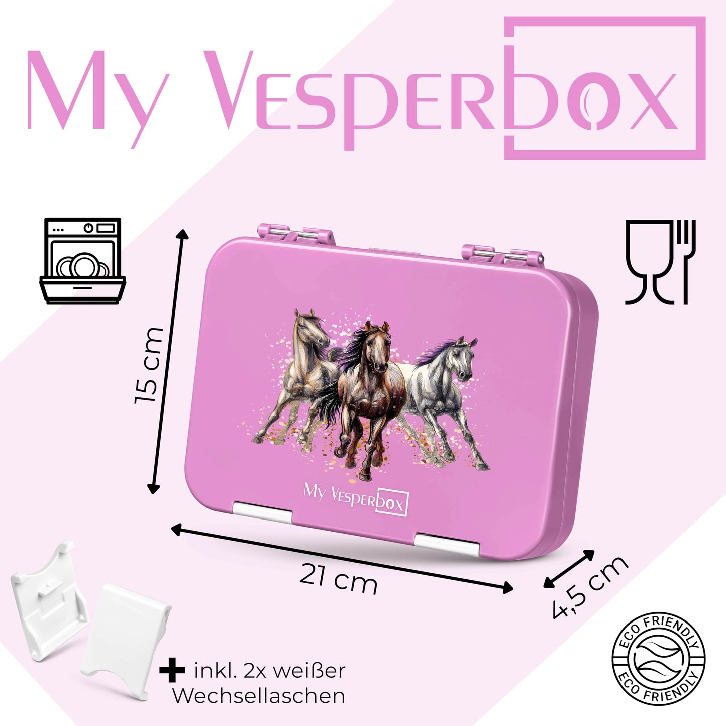 My Vesperbox - Len - Bento Box Children - Lunchbox with 4+2 compartments - extremely durable - lunch box - ideal for kindergarten and school. (Pink - Horses)