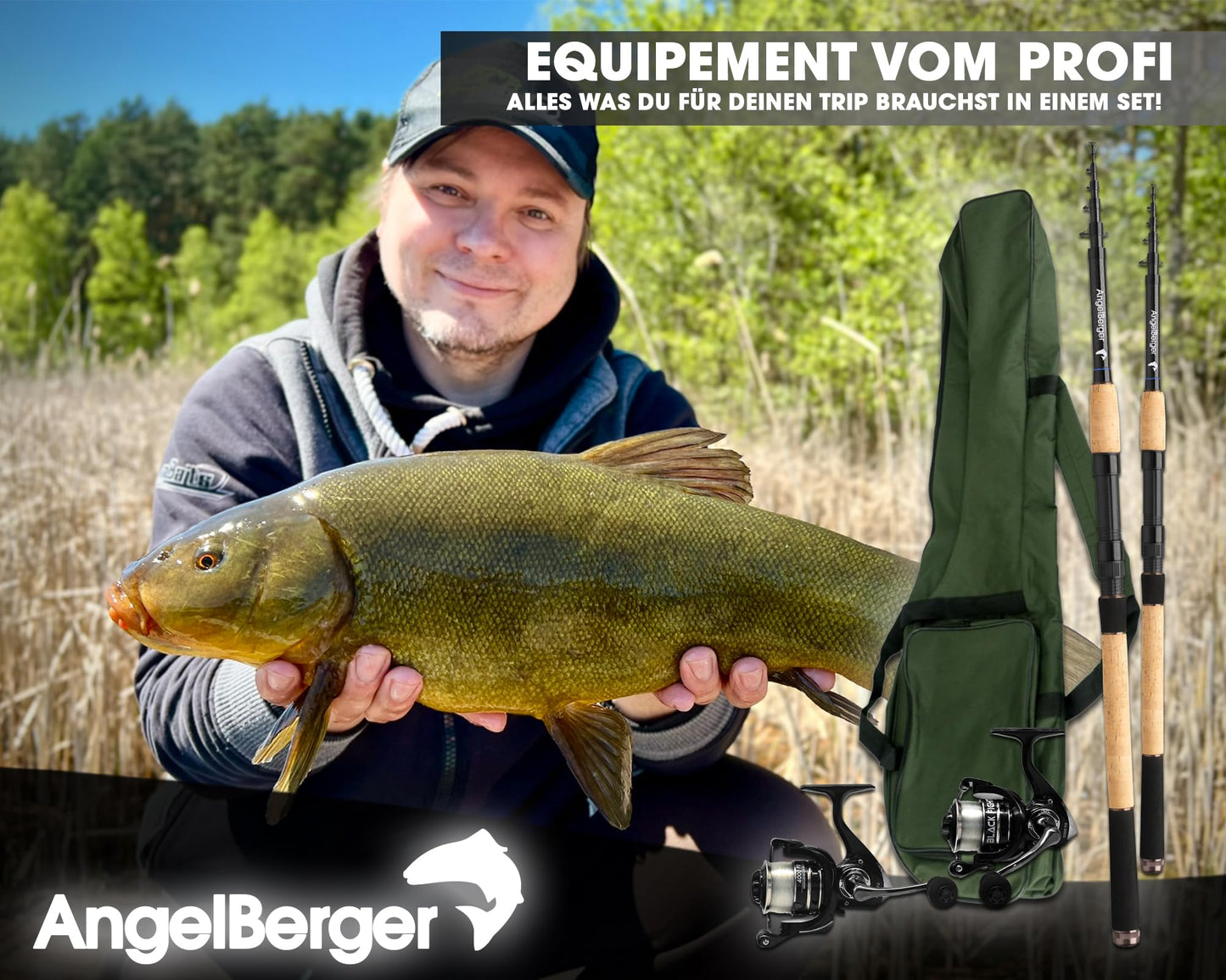 Angel Berger fishing set complete set with 2 telescopic rods, reels, rod bag, fishing rods, reels with fishing line, and rod bag.