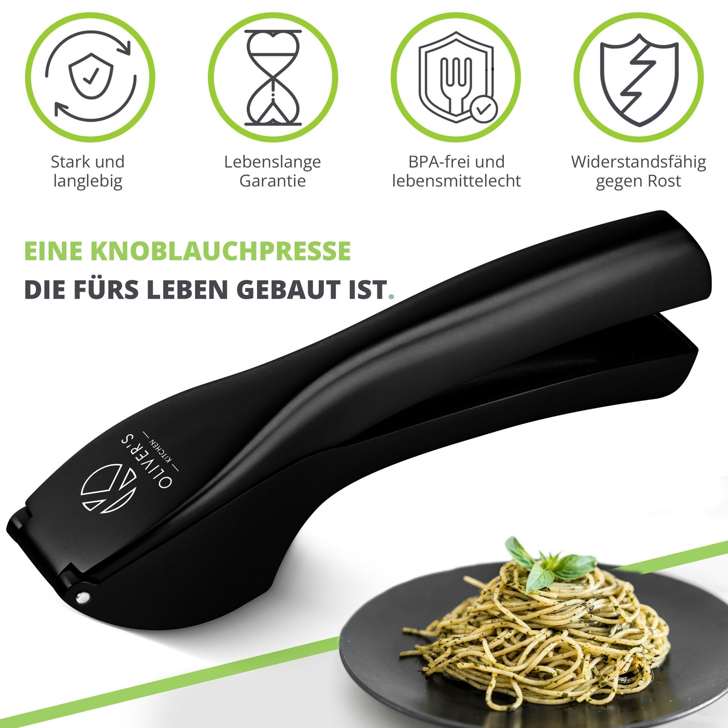 Oliver's Kitchen Premium Garlic Press - Easy to Use & Clean - Crushes Garlic & Ginger Effortlessly (No Peeling Necessary) - Extra Strong & Durable