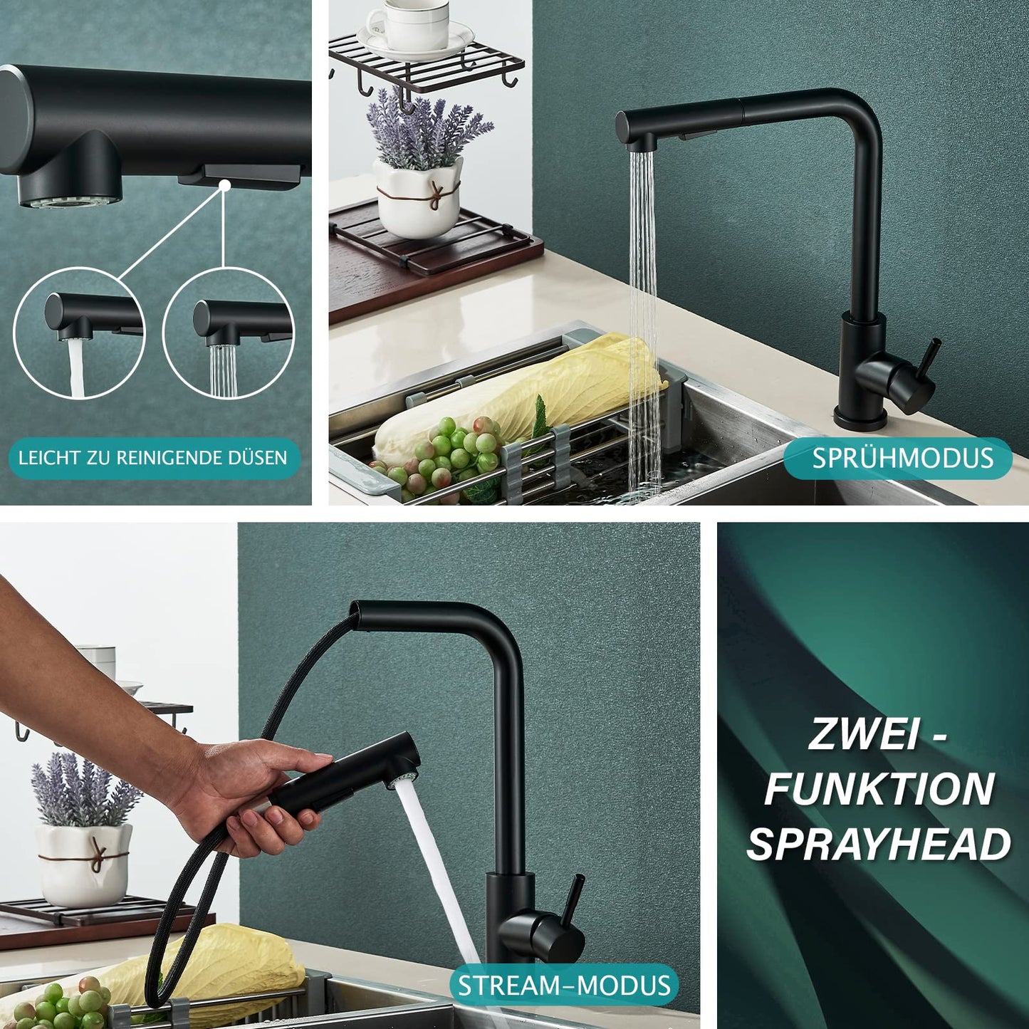 Kitchen faucet black with pull-out spray head High-pressure 360° swivel kitchen sink faucet stainless steel Two spray modes water tap.