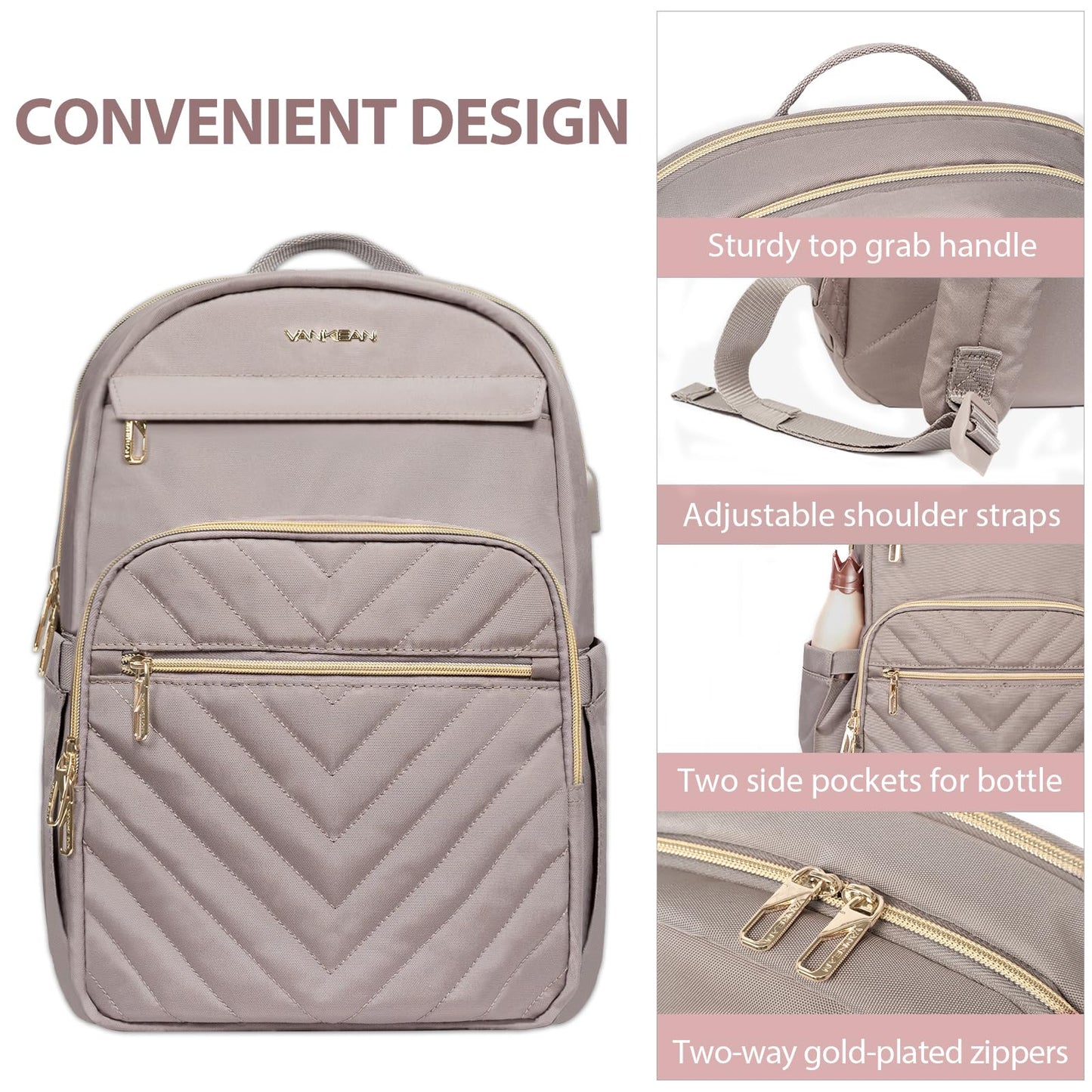 VANKEAN 15.6 inch Laptop Backpack for Women, Waterproof School Backpack for Men and Women with USB Charging Port for University, Business, Work, Travel, Camping, Pink