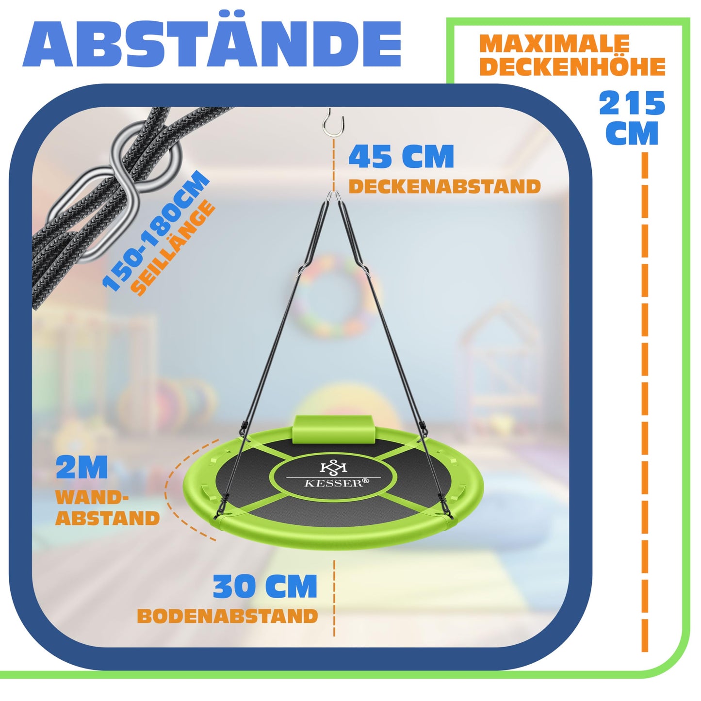 KESSERยฎ Nest Swing Plate Swing Hanging Swing Round Swing ร 100cm Swing load capacity up to 300kg with cushion & 4 handles adjustable Kids Swing Indoor & Outdoor for Children & Adults Green