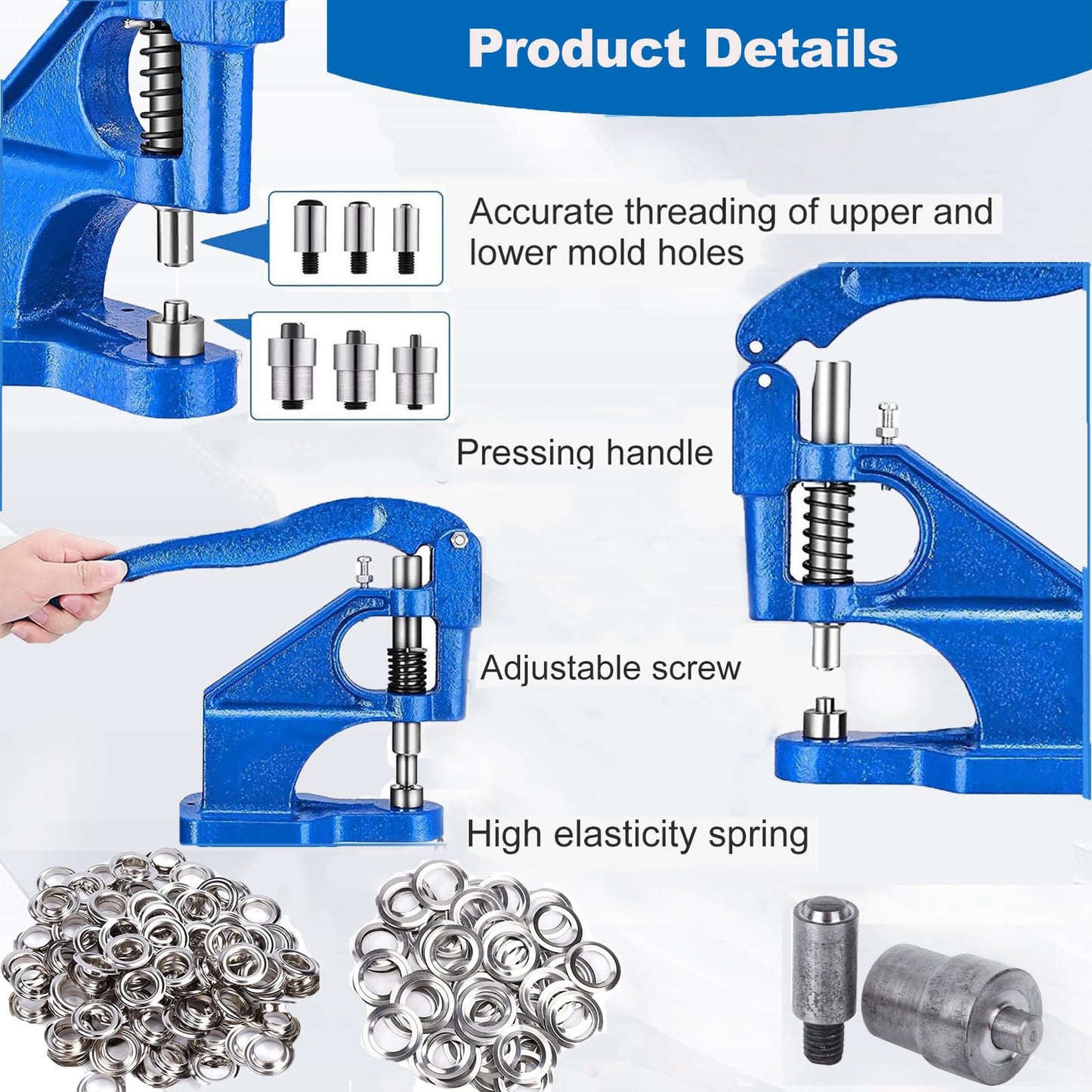 Grommet press Grommet Kit 1500 Hand press Grommet punch Rivet press, Professional grommet press set, 3 dies grommets (6/10/12mm), for tarps fabrics, rivets, textiles, DIY decoration, banners, leather, awnings, curtains.