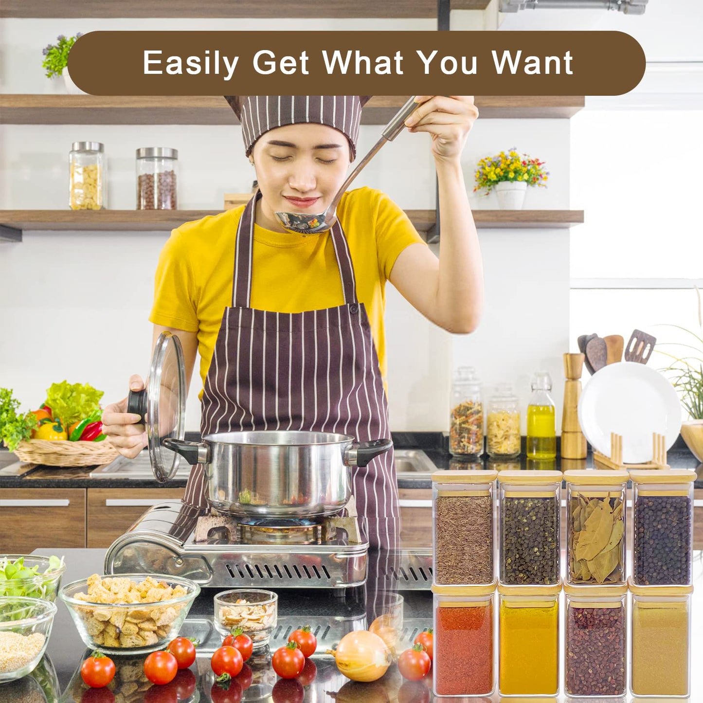 12-piece set of glass storage jars without labels, each with a 280ml capacity and wooden lids. Ideal for storing spices in the kitchen, these stackable containers are perfect for organizing your spice collection.