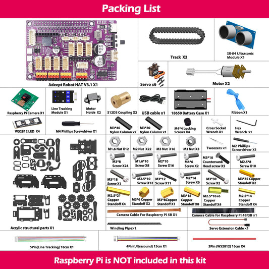 Adeept RaspTank Smart Robot Car Kit for Raspberry Pi 5/4/3B/3B+ (Board Not Included), Tank Tracked Robot with 4-DOF Robotic Arm, Obstacle Avoidance, Line Tracking, USB-C Charging, with Digital Tutorials.