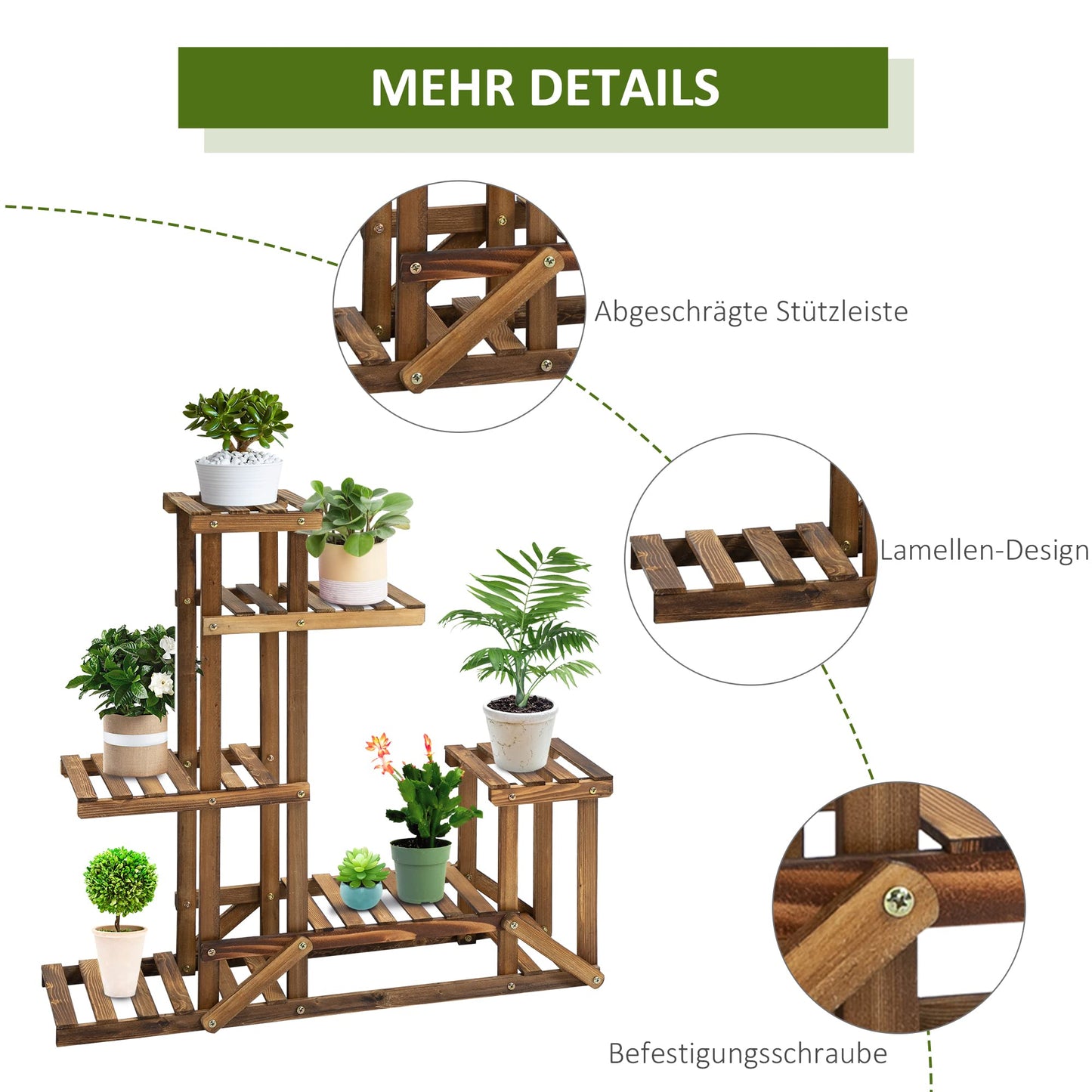 Outsunny Flower Stand Plant Shelf 6 Levels Four-tier Flower Rack Flower Stairs Flower Ladder Solid Wood Charred 98 x 28 x 96.5 cm
