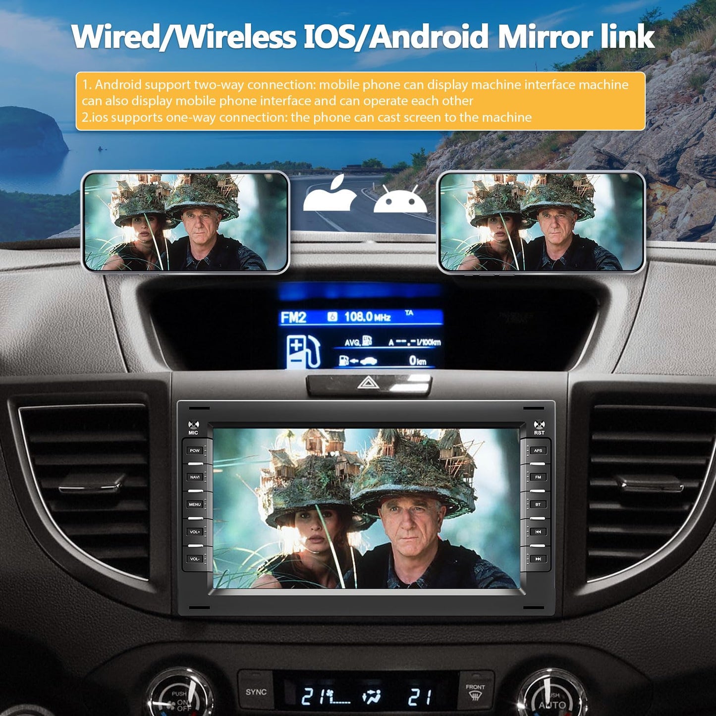 Android 13 double DIN car stereo for VW T5, Golf 4, Bora, Polo MK5, Sharan, Jetta, Peugeot 307 with Mirror Link, 7-inch touchscreen radio with Bluetooth, WiFi, GPS, FM/RDS EQ, SWC, AHD rearview camera, and mic.