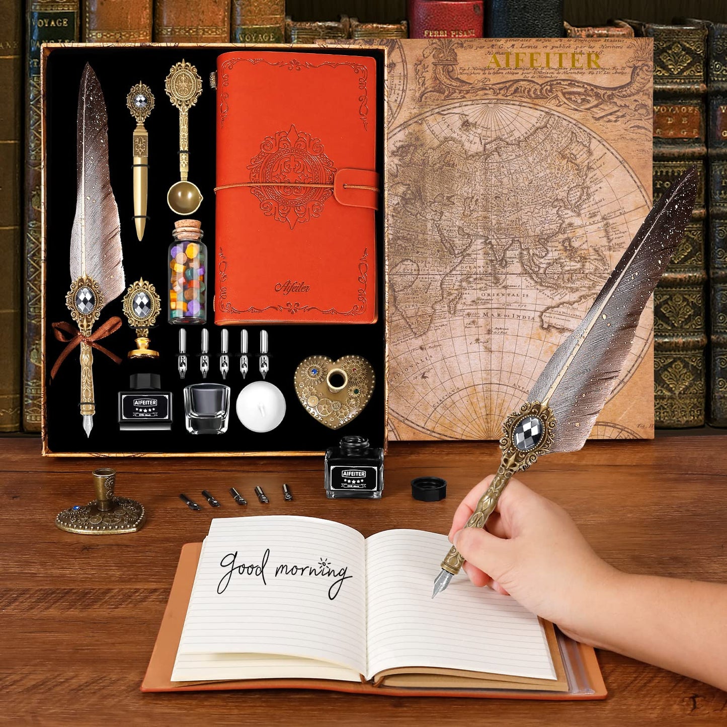 MPRINCE Feather Calligraphy Set - Quill Pen and Ink, Notebook, Wax Seal Stamp - Beautiful Gift Set in Gray.