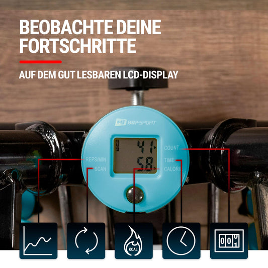 Hop-Sport Stepper Joy Blue with training computer, home swing stepper, fitness equipment with resistance bands, compact cardio device, max. weight capacity 100 kg.