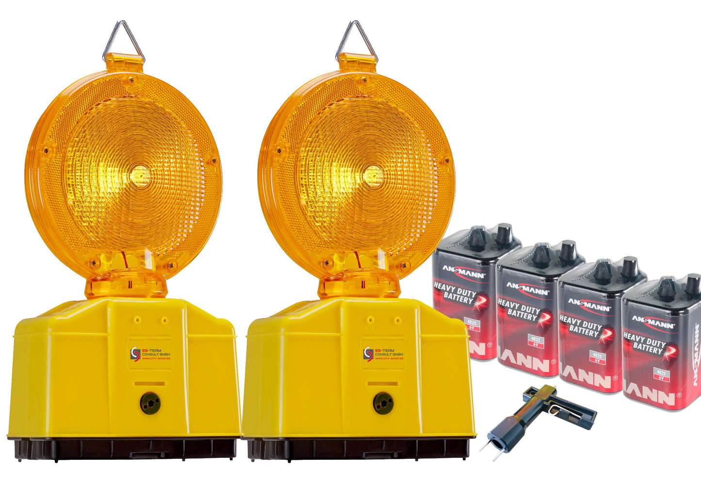 UvV construction lights 2 pieces LED warning light yellow with twilight function, Automatic day and night switching, including batteries and lamp key