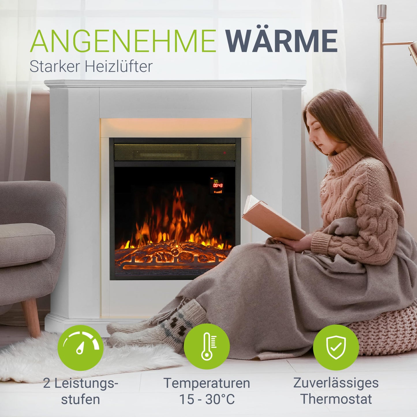 Juskys Electric Fireplace 1000 / 2000 W with heating, fireplace, flame effect, remote control, LED lighting & timer - Electric corner fireplace white
