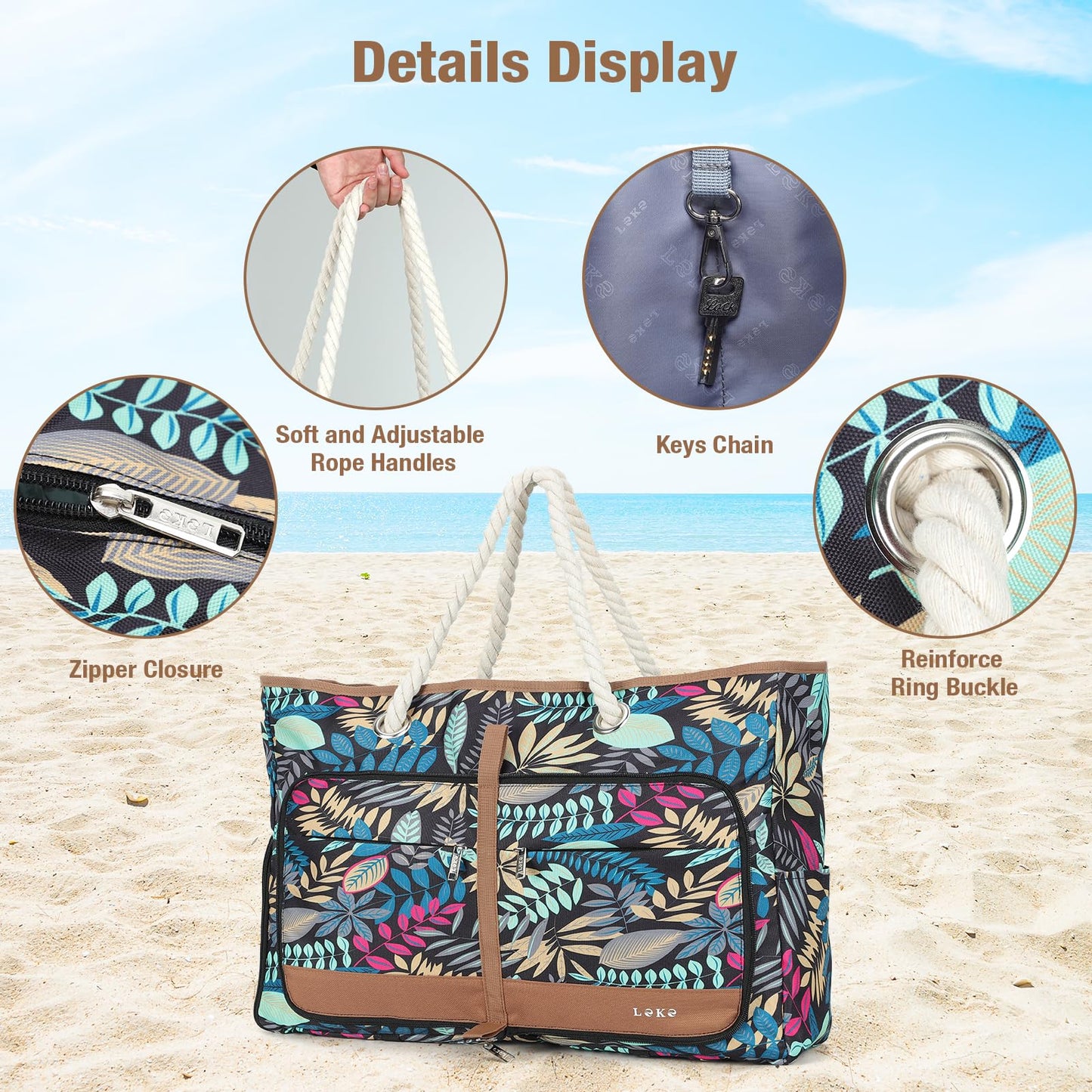 Lekespring beach bag for women with zipper, versatile shopper bag for beach, travel, shopping, sports, and work (Blue Jungle)