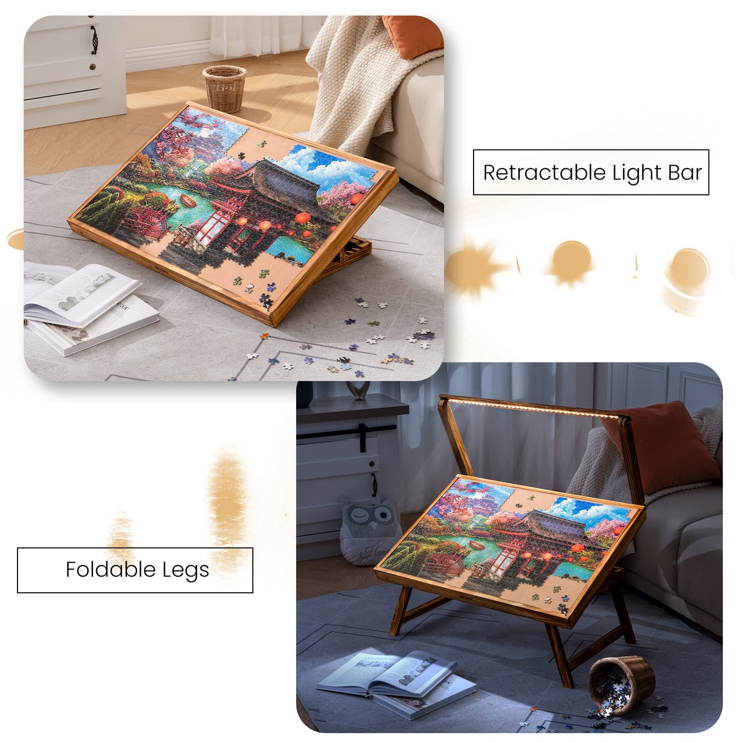 Tektalk Puzzle Table with LED light, wooden puzzle board with 5 adjustable angles, puzzle table with foldable legs and cover for puzzle storage, fits up to 1000 puzzle pieces.