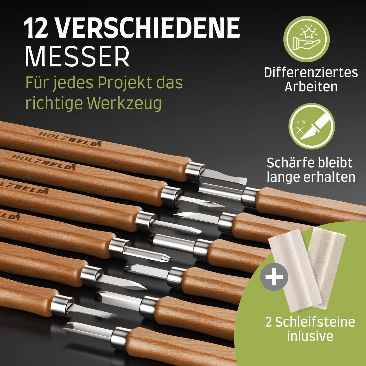 WOODHERO Wood Carving Tool Set (16 pieces) with instructions for 1 carving project - 12 high-quality carving knives for carving with practical tool bag.