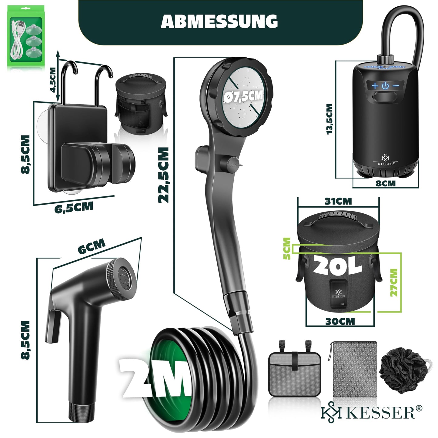 KESSER® Camping Shower Solar Shower with Pump & Rechargeable Battery 8000mAh Portable Shower | Camping Shower Set including adjustable Shower Head, 2m Hose, Spray Gun, Holder & 20L Water Tank