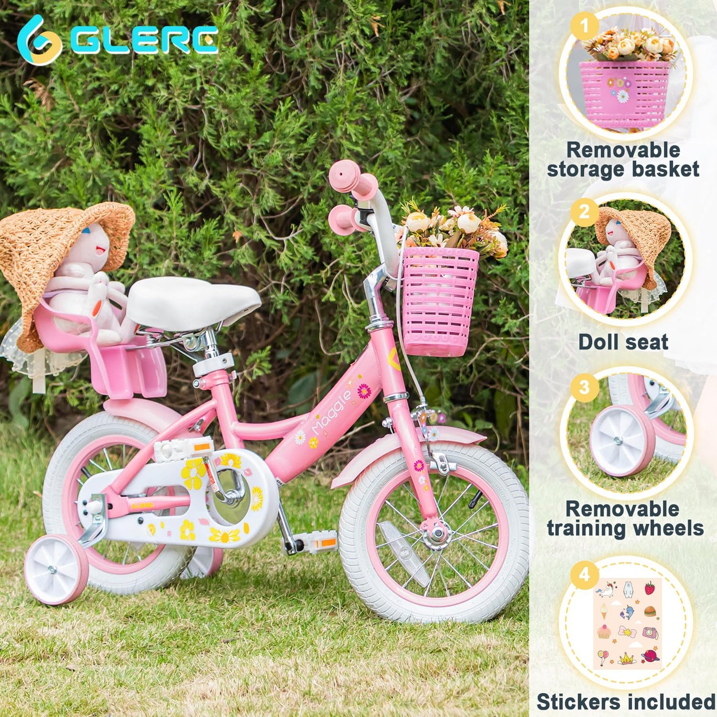 Glerc Maggie 12 inch kids bike for 1 2 3 4 year old girls. Princess style with doll seat, basket, training wheels & bell. Perfect birthday gift, pink to white.