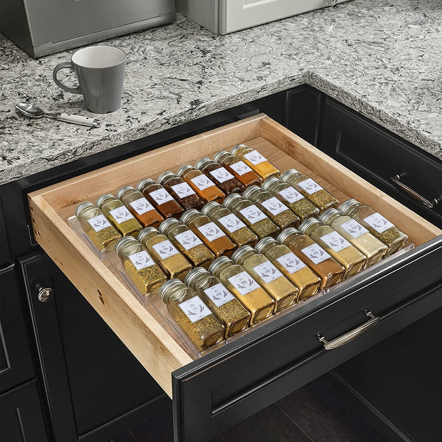 Alixin spice rack for drawer, extendable PVC spice rack for kitchen drawer, three-tier drawer.
