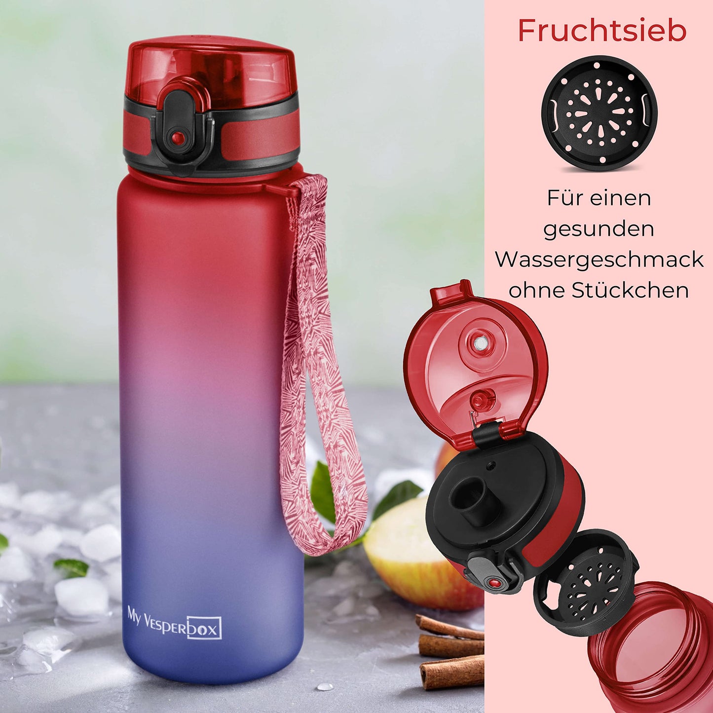 My Vesperbox Minny Kids Water Bottle 500ml - Leakproof & BPA-free - includes spare seal, cleaning brush, fruit infuser & optional straw - perfect for school, kindergarten & sports.