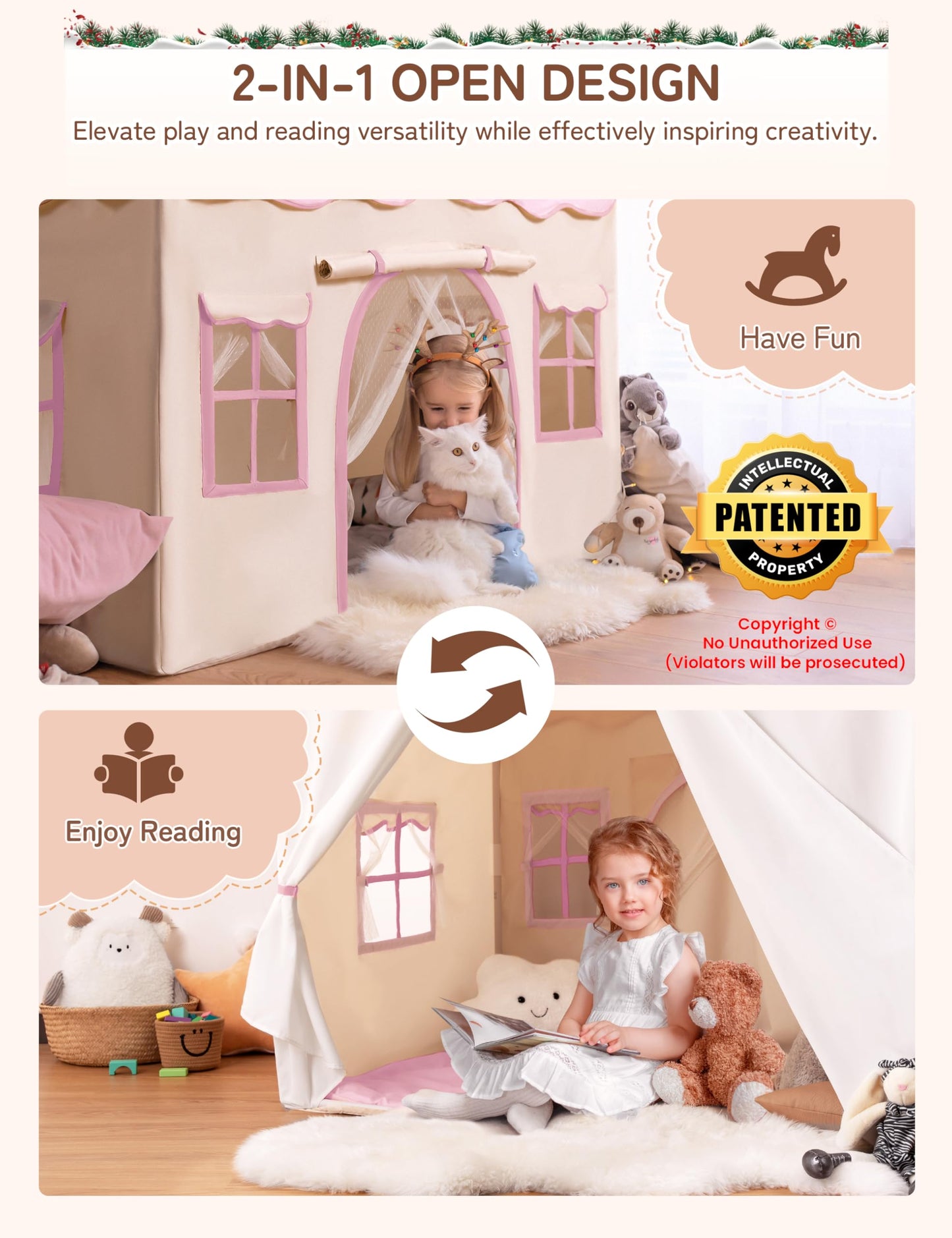 Besrey 2 IN 1 Kids Tent, Children's Playhouse Indoor with Mat and Lights, Kids Bed Tent, Play Tent for Indoors, Princess Tent, Children's Playhouse, Cozy Corner Kids Room Decor from 3 years pink