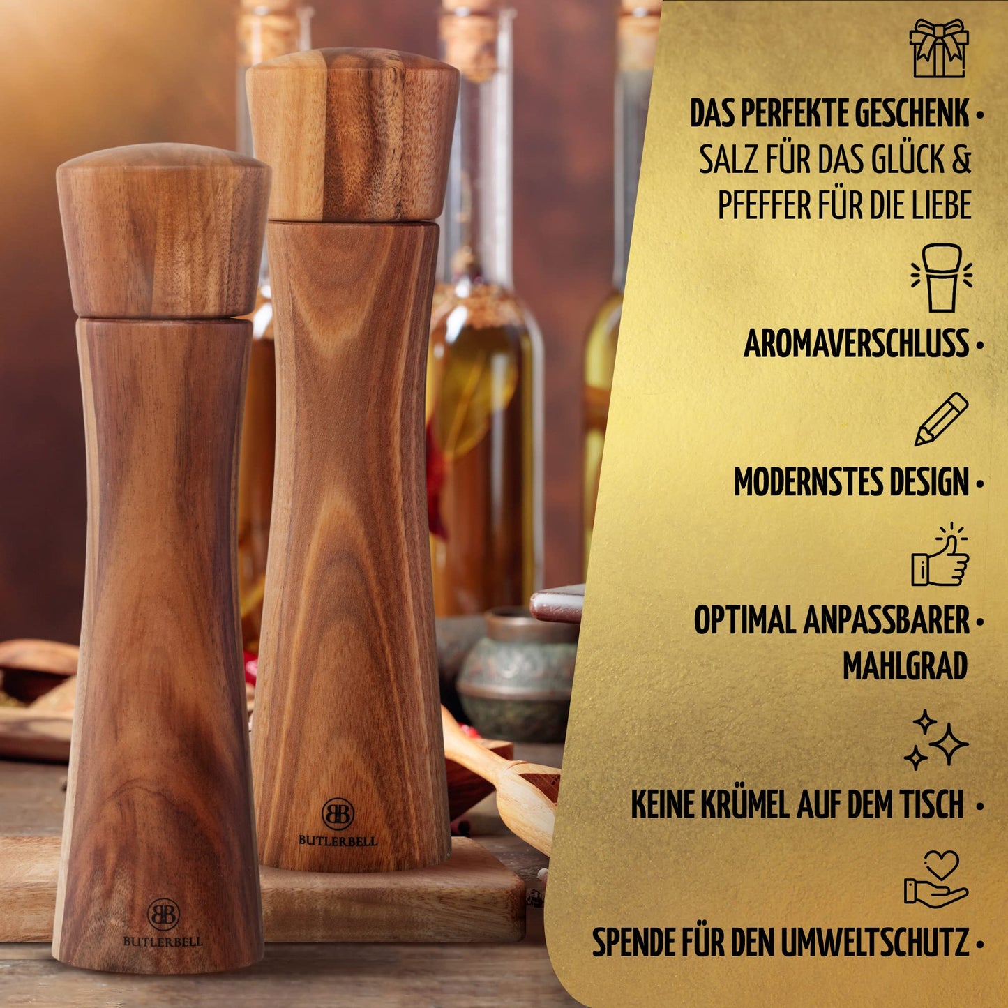 BUTLERBELL® Salt and Pepper Mill Set with Coasters in Luxury Gift Box, perfect as a wedding gift | Wedding presents for the couple | Housewarming gift
