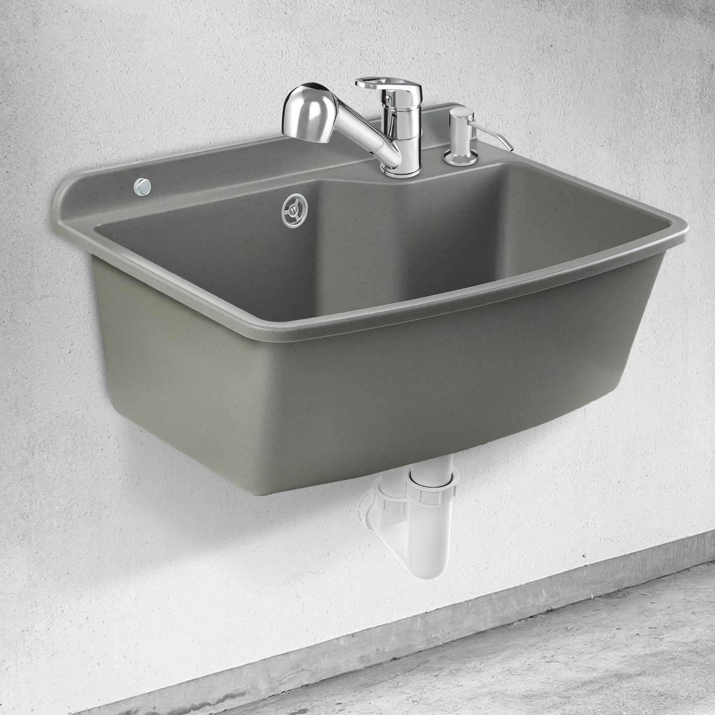 GOSPO drain basin with extendable faucet, sink 61 x 44 x 23.5 cm, washbasin with soap dispenser, siphon, sink including accessories, washroom, industrial washbasin (gray)