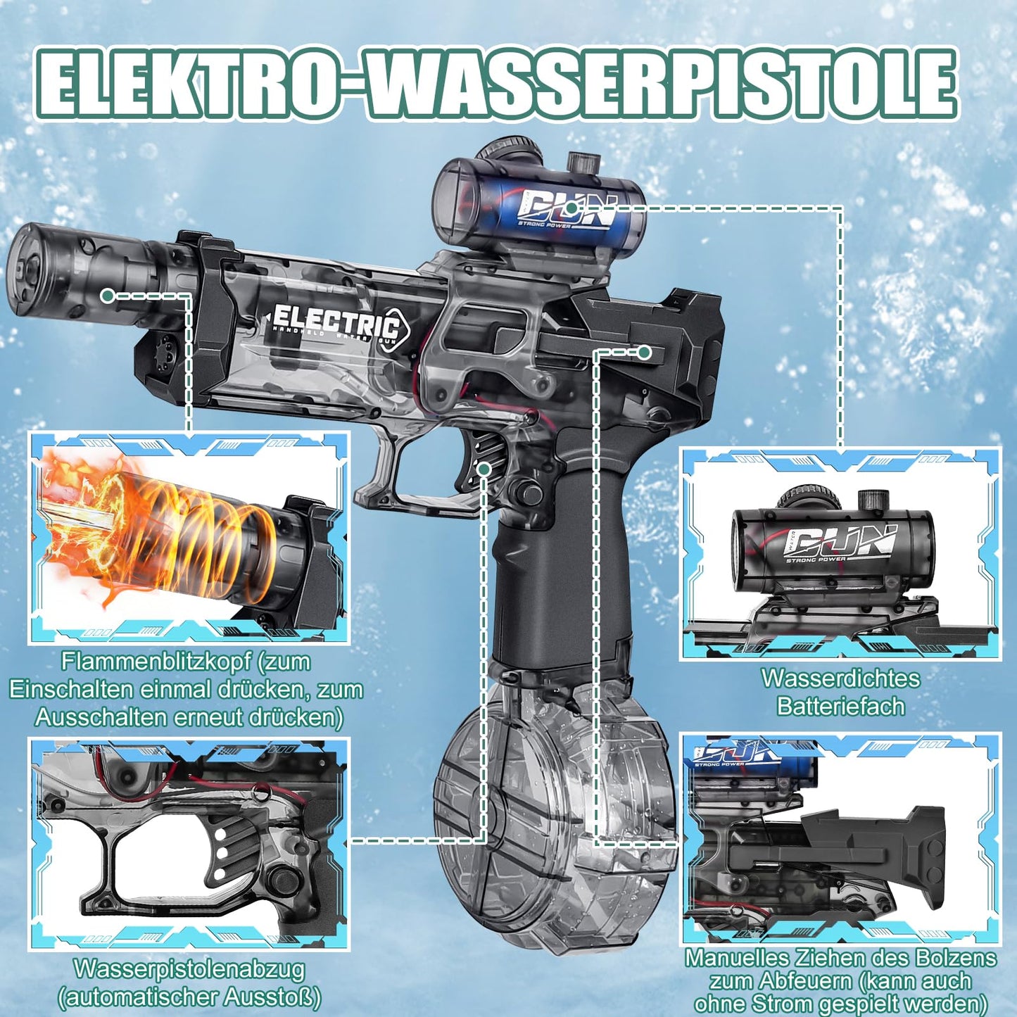 YOOHBERRYS Electric Water Gun, Electric Water Gun Large Capacity 500cc, Rechargeable Water Gun for Kids with Flash Effects, Automatic Water Gun for Pool, Beach, Garden (Grey)
