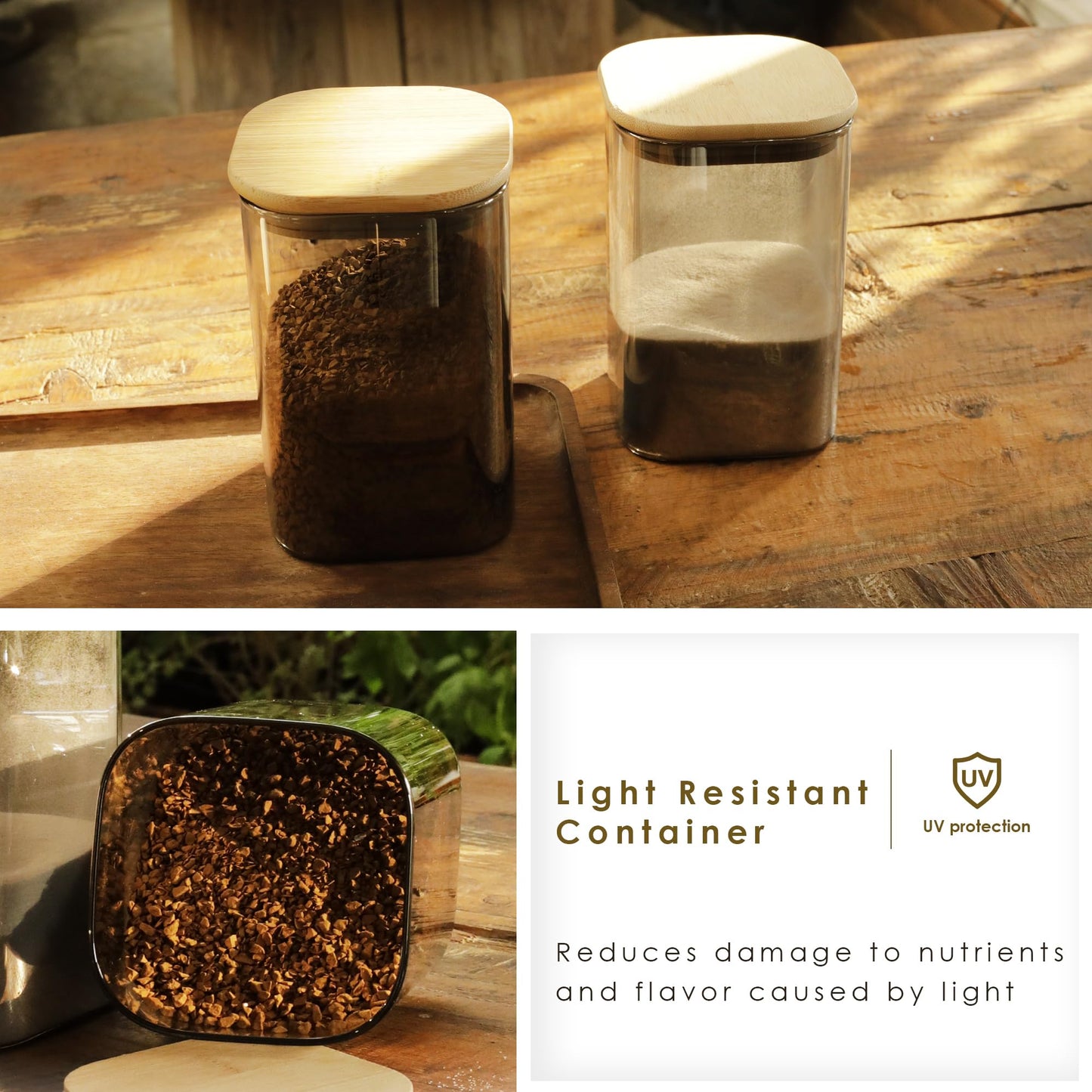 4-piece set of LIBWYS UV protection glass jars for coffee beans container tea caddy with bamboo lid square storage jar glass - 1150 ml * 4 glass containers (4pcs - LRC Edition)