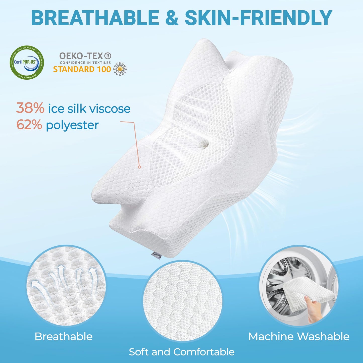 Elviros Orthopedic Memory Foam Pillow, Side Sleeper Pillow Neck Support Pillow Head Pillow Neck Pain Ergonomic Sleep Pillow for Neck and Shoulder Pain 64 x 12.5/10.5 x 38cm