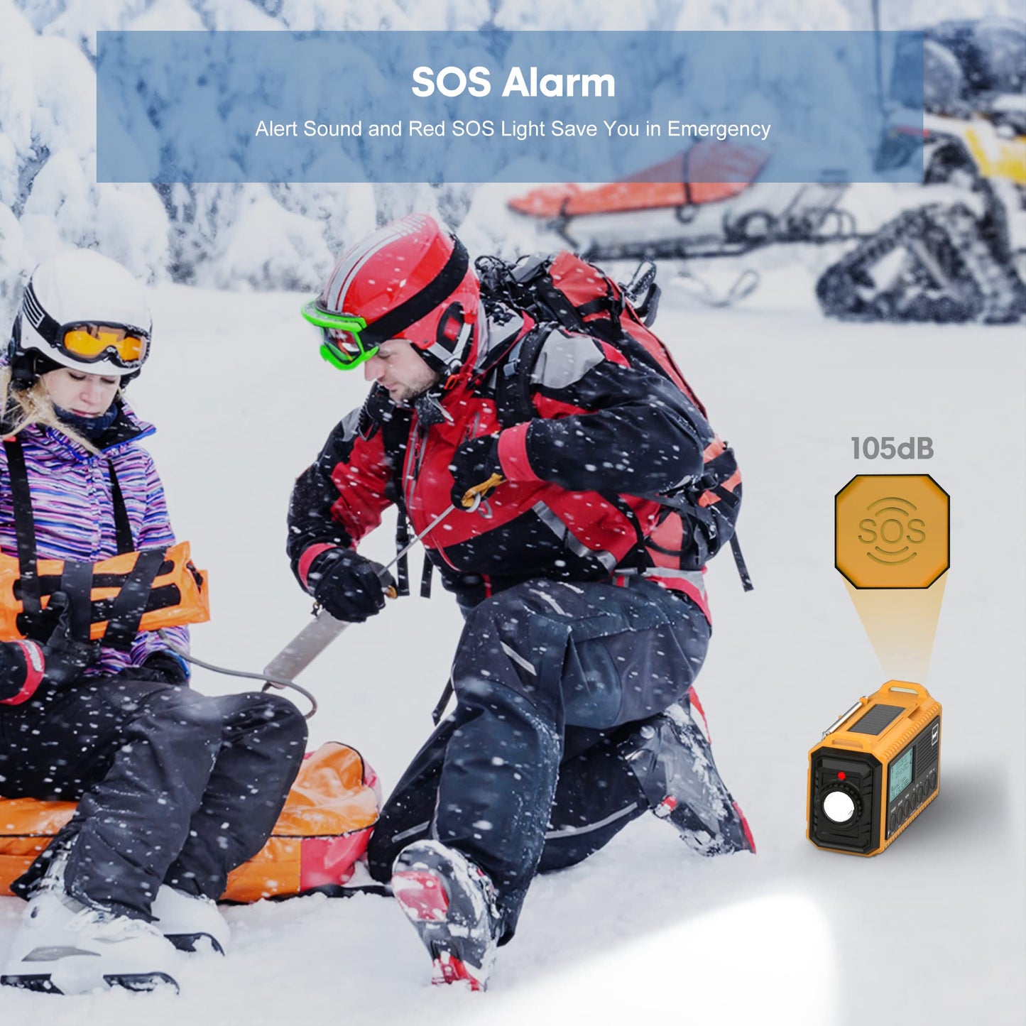 Crank radio with 5000mAh battery, portable solar radio with LED flashlight & reading light, DAB+ jobsite radio IPX4, emergency radio and SOS alarm. Suitable for hiking, camping, outdoor activities. Yellow DAB model.
