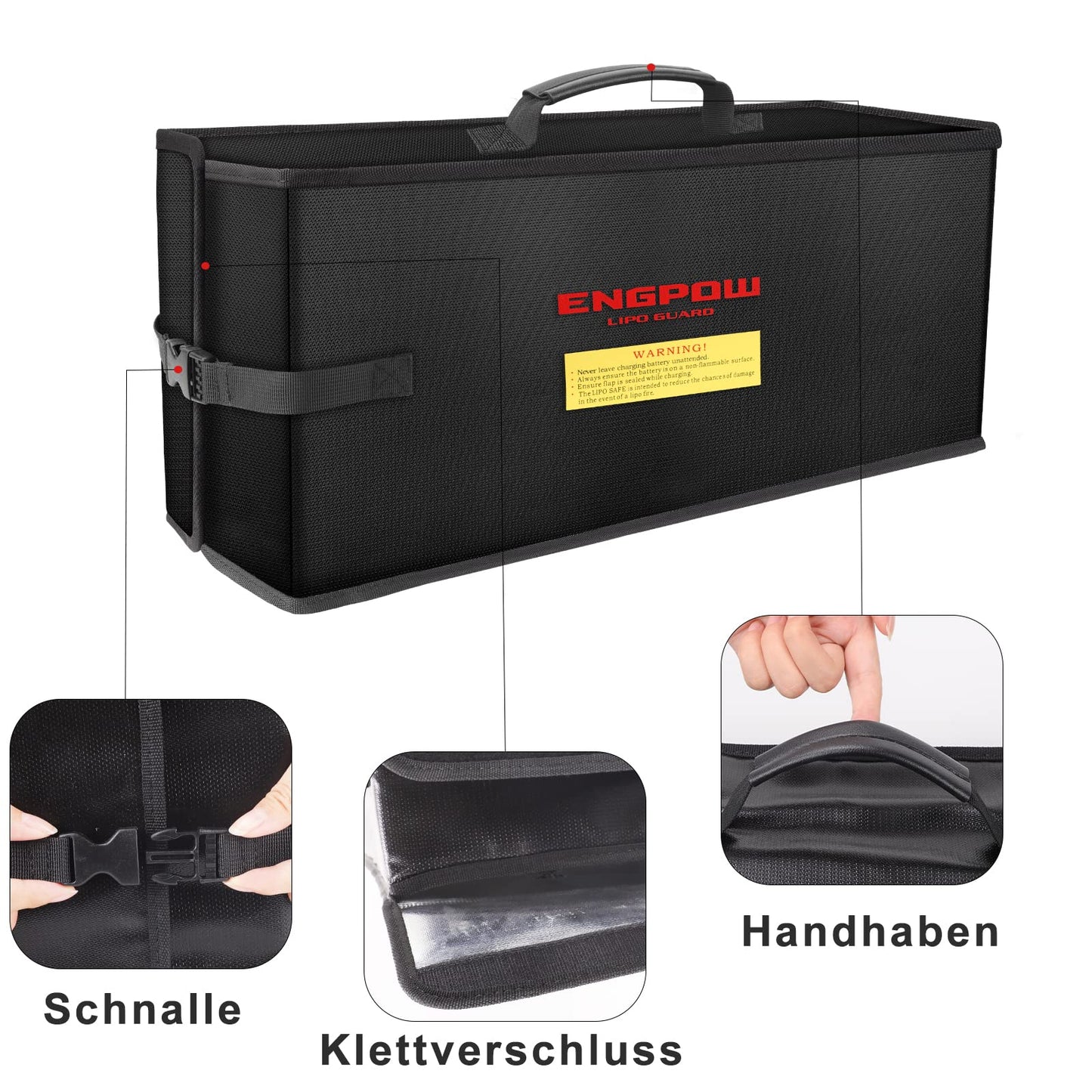 Ebike battery bag, fireproof up to 2000°F, organizer 45 x 15 x 20 cm, shockproof safety storage and transport for e-bike battery with Velcro and buckle.
