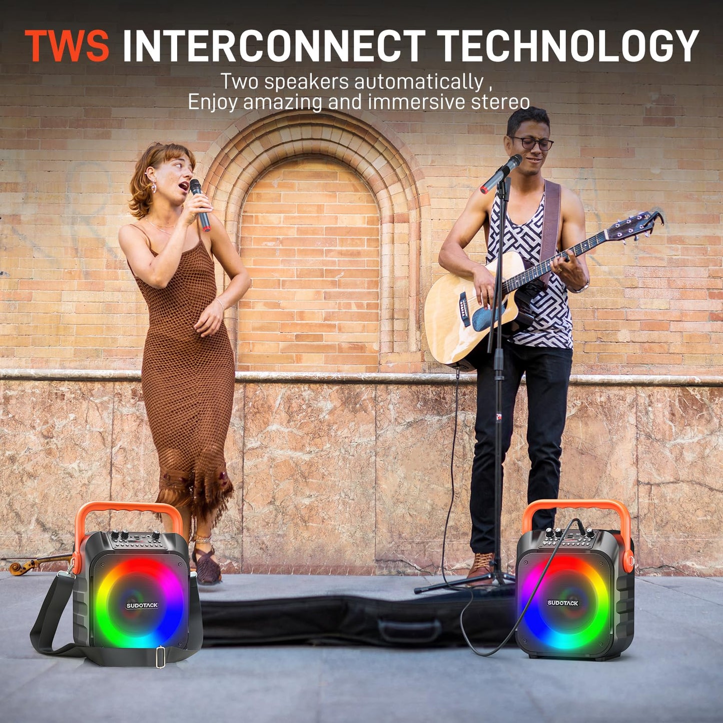 SUDOTACK Portable Karaoke Machine with 2 wireless microphones, Bluetooth speaker box for adults/kids with lighting effects, supports TF/USB, AUX in, FM, REC, TWS for karaoke, parties, birthdays.