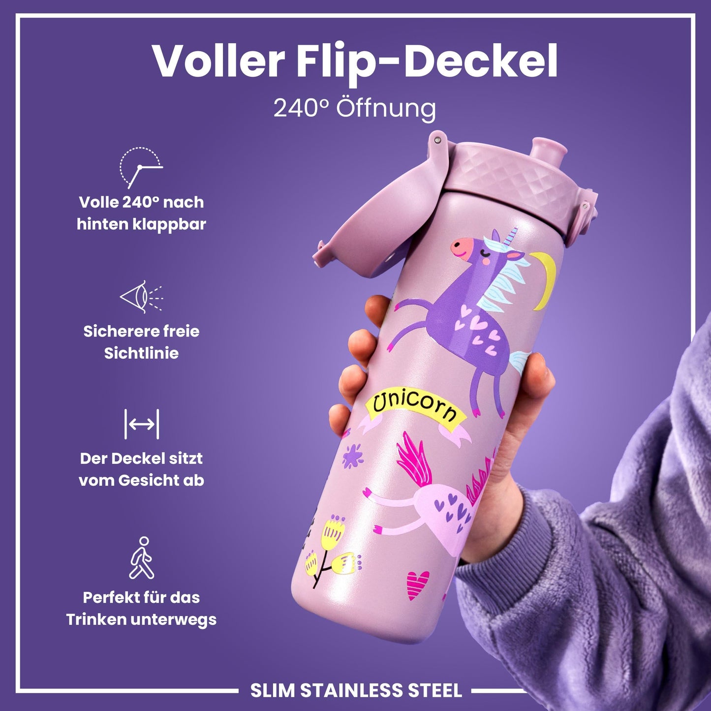ion8  Lightweight Steel Water Bottle 600ml Non-Insulated Leakproof One-Hand Opening Secure Lock Dishwasher Safe Flip Lid Carrying Handle Easy to Clean, Lilac Unicorn