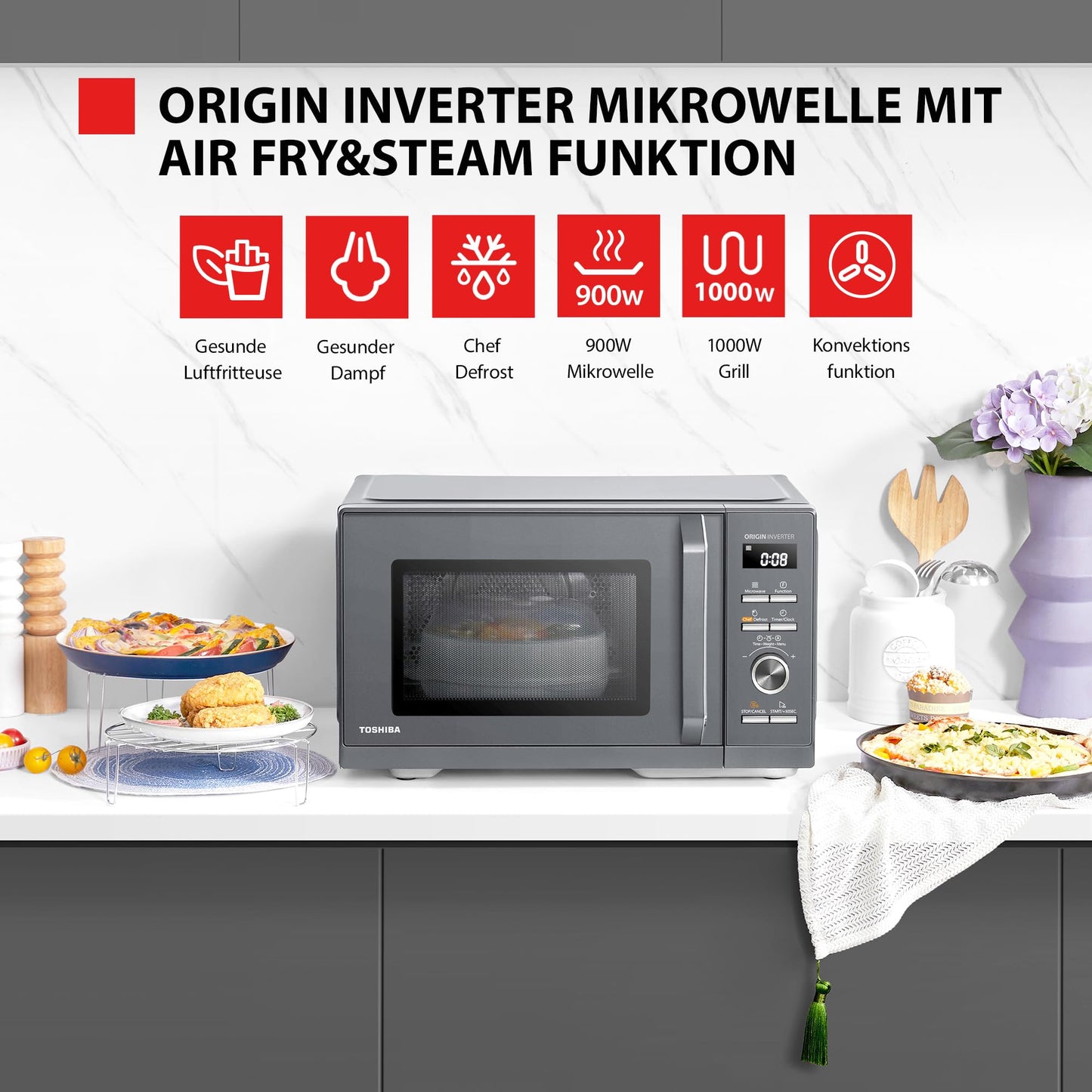 Toshiba MW3-AC26SFI(MG) Microwave with Grill and Hot Air 6-in-1 Microwave Oven with Steam Cooker 26L 900W Origin Inverter, Chef Defrost, Convection, Combo., Steam, Grill, Air Fry Auto Menu, Gray