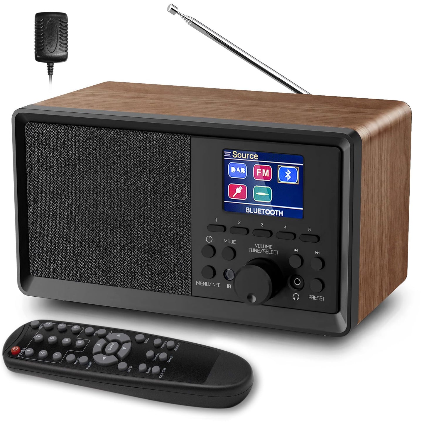 BIAOQINBO DAB Plus Radio/DAB+ with Bluetooth 5.0 FM Digital Radio Nostalgia Radios Portable Retro Radio Wood FM Radio Alarm Clock with Remote Control Kitchen Radio Dual Alarm Color Display Clock Radios