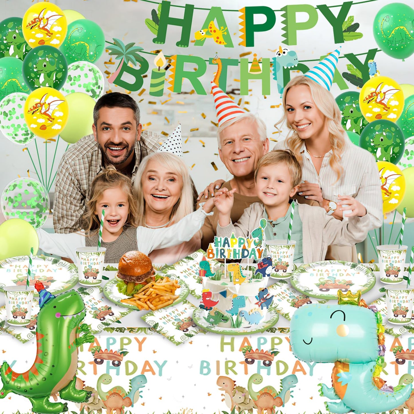 Dinosaur party tableware set, dino birthday decorations, dinosaur birthday tableware set, paper plates cups napkins straws tablecloth for party kids birthday decor boys girls 16 guests