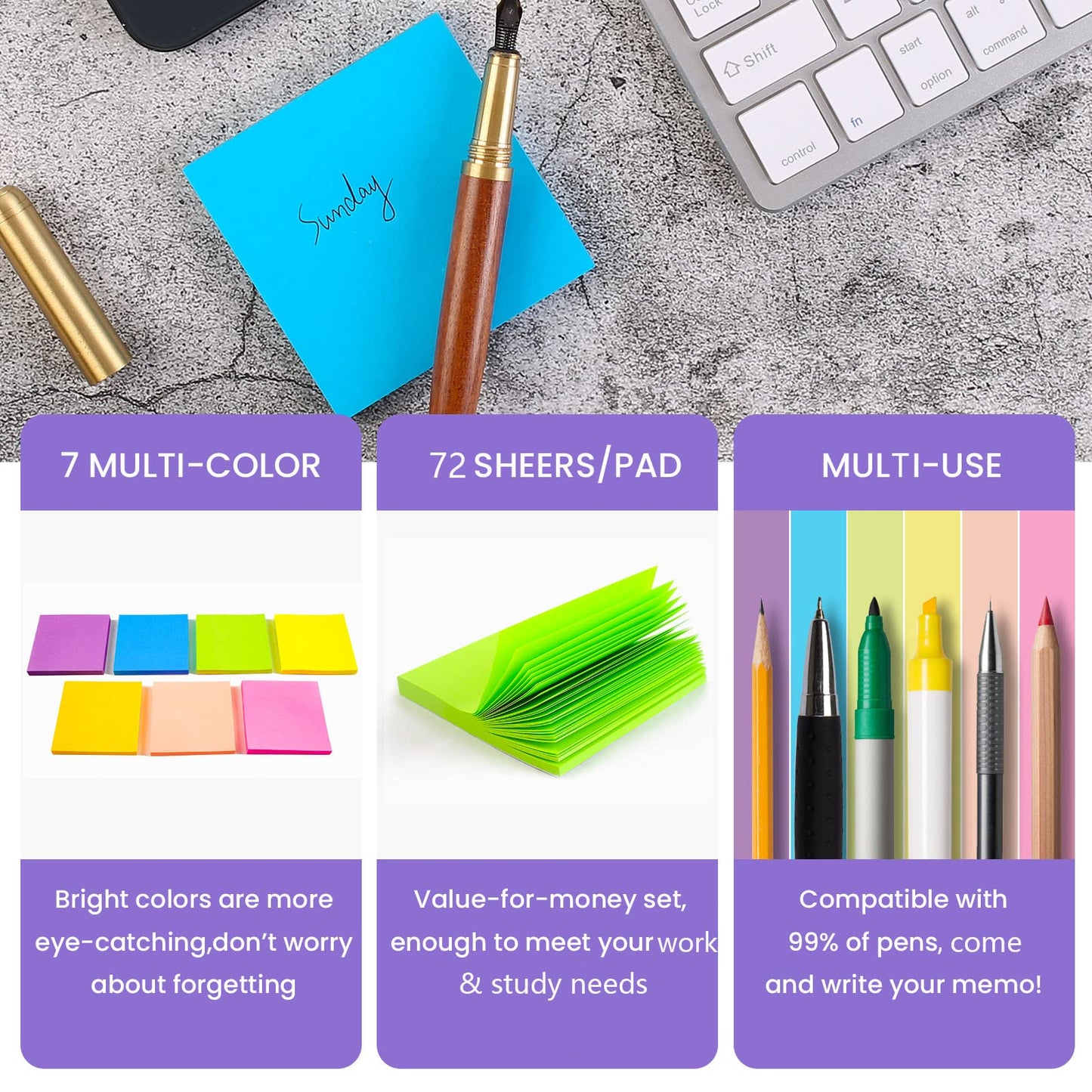 28 pack colorful sticky notes, self-adhesive sticky notes 76 x 76 mm, bright sticky notes colorful square sticky notes for office home school meeting, 72 sheets/block.