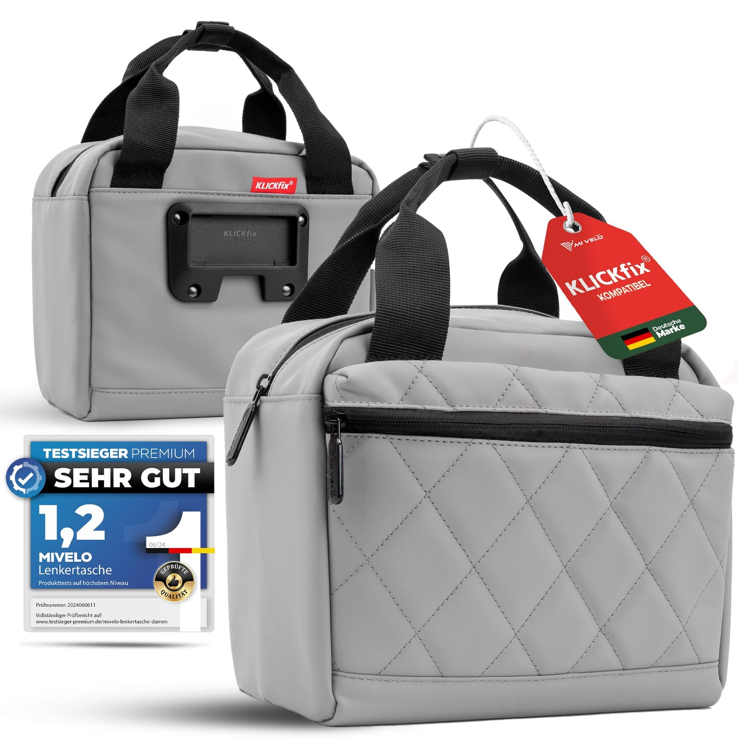 MIVELO Handlebar Bag for KLICKfix - Bike Handlebar Bag - water-repellent & spacious - Handlebar Bag - Handlebar Bag - E-Bike compatible (Grey)