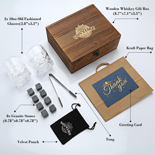 Whiskey Glass Gift Set, Whiskey Stones, Whiskey Gift Sets for Men, 8 Whiskey Stones 2 Crystal Whiskey Glasses Wooden Box Gift, Birthday Gifts for Men, Dad, Husband Valentine's Day (Round)