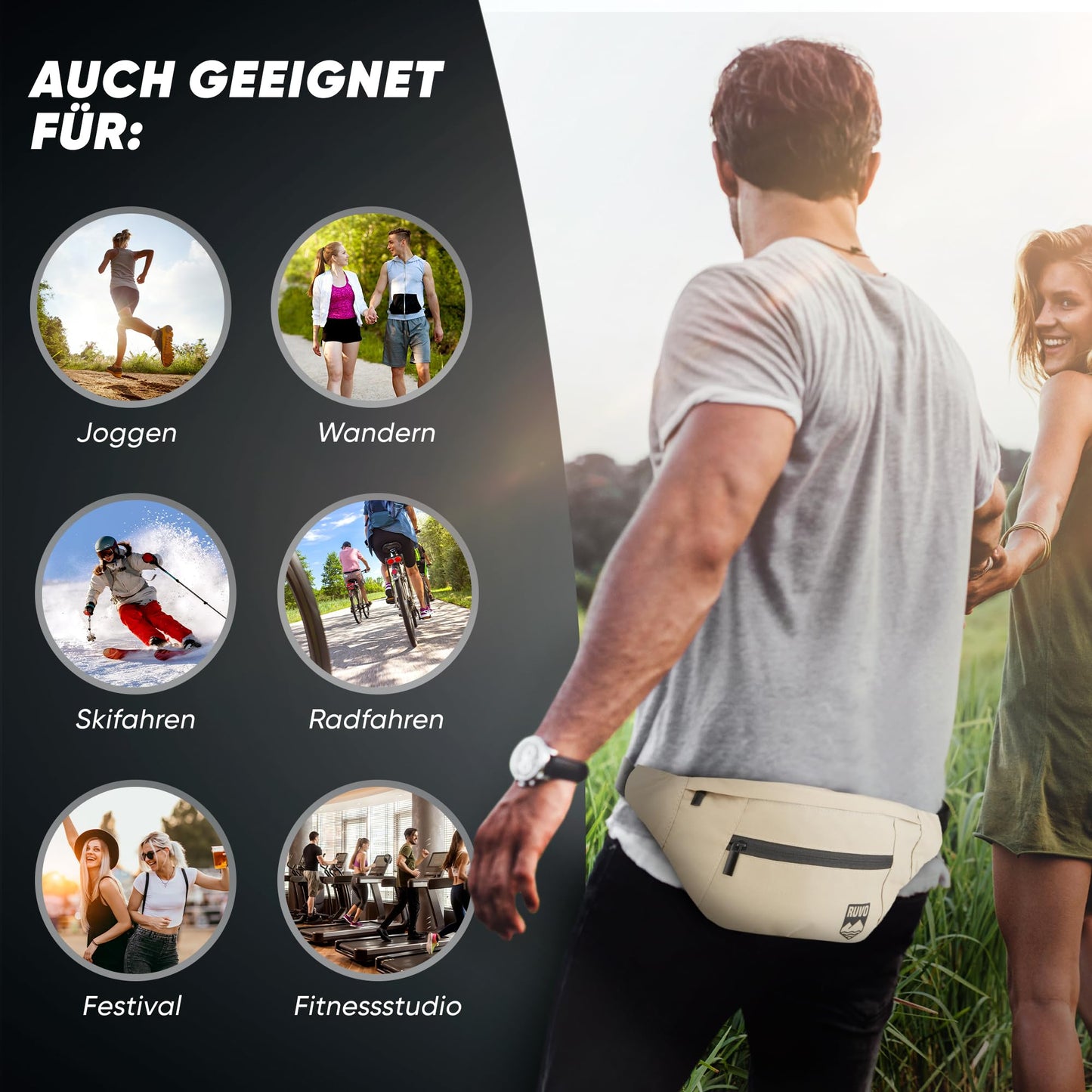 RUVO® Waist Bag for Men and Women | stylish fanny pack with maximum storage space | 4 compartments each with zipper | suitable for all activities.
