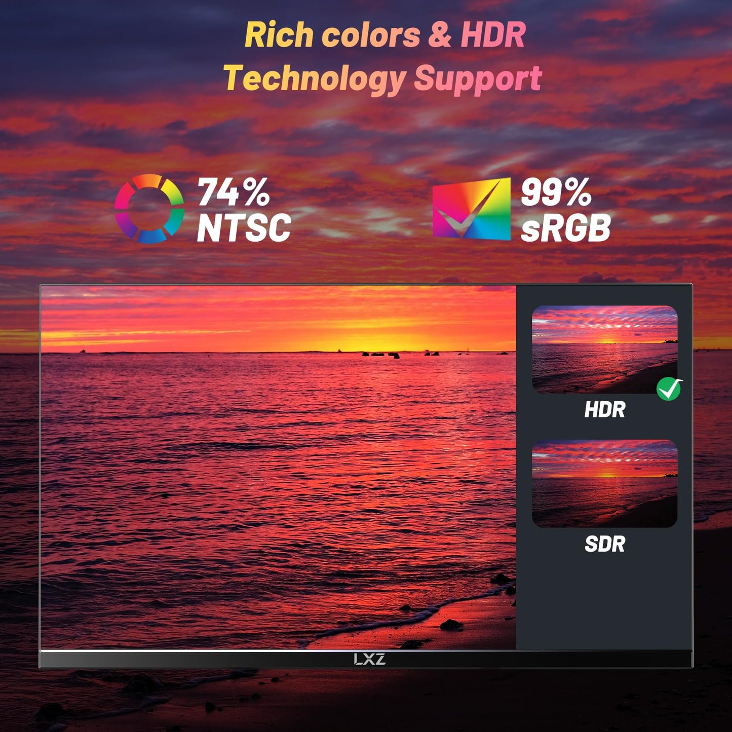 LXZ 24.5-inch gaming monitor with 200Hz refresh rate, Full HD 1080p resolution, 1ms response time, DP/HDMI inputs, eye care technology, and wall mount compatibility.