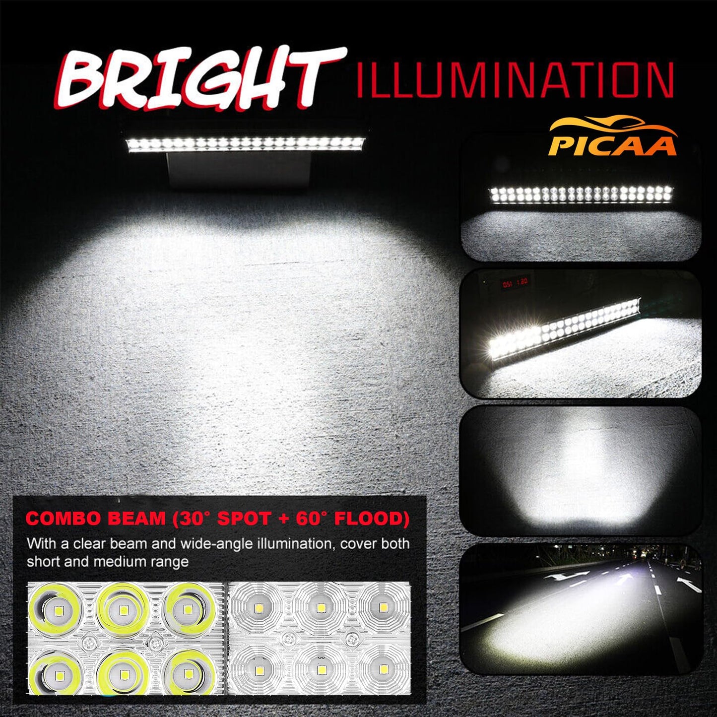 PICAA 20 inch 126W LED Lightbar Car 12V With Wiring Harness Led Light Bar Work Light 6000K White Waterproof for Offroad Truck 4WD 4x4 SUV Vehicle UTV ATV