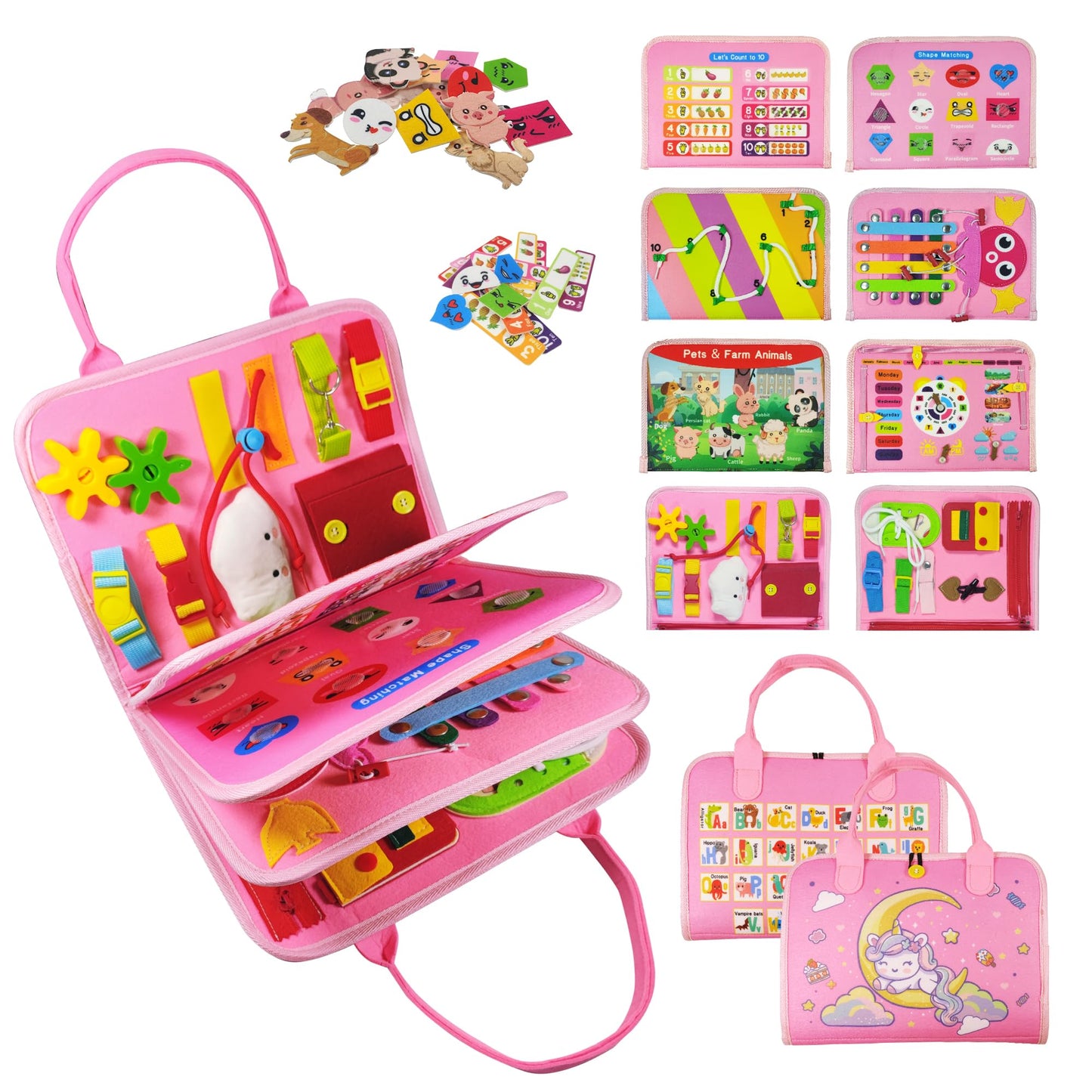 TenFans Busy Board - Montessori toy for 1-4 year olds - Sensory toys - Gifts for girls to learn fine motor skills - Educational activities travel toy for car and airplane