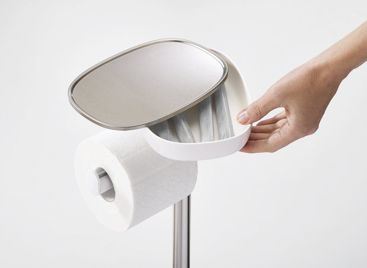 Joseph Joseph Easy Store - toilet paper holder and stand with flexible toilet brush, bathroom storage solution, made of stainless steel.